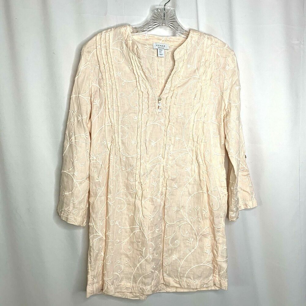 Kenar Womens Linen Blouse Top Size Small Pale Peachy Pink Embroidered Roll Tab